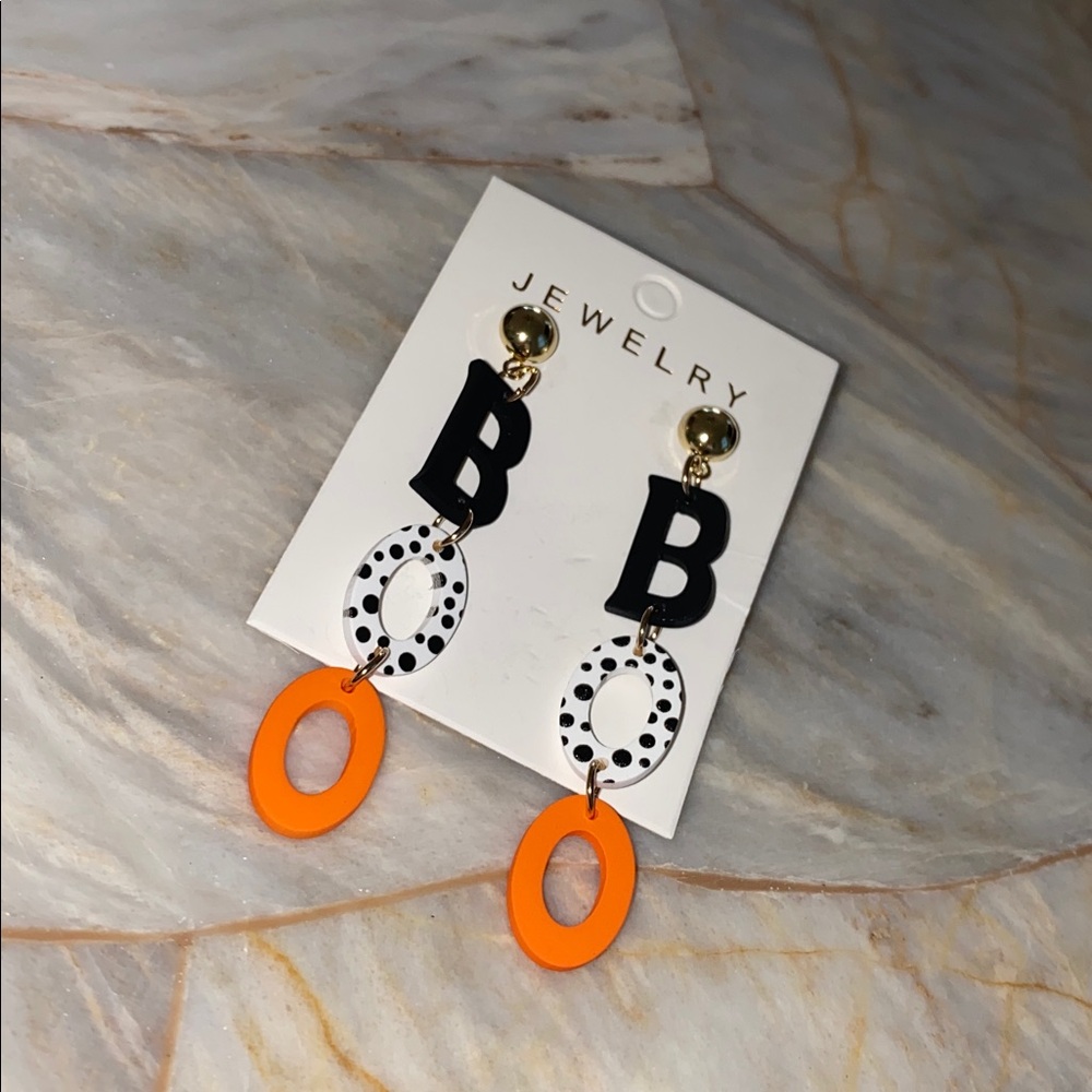 Halloween BOO Acrylic Drop Earrings Black White Orange Polka Dot Dangle Jewelry - Picture 8 of 8